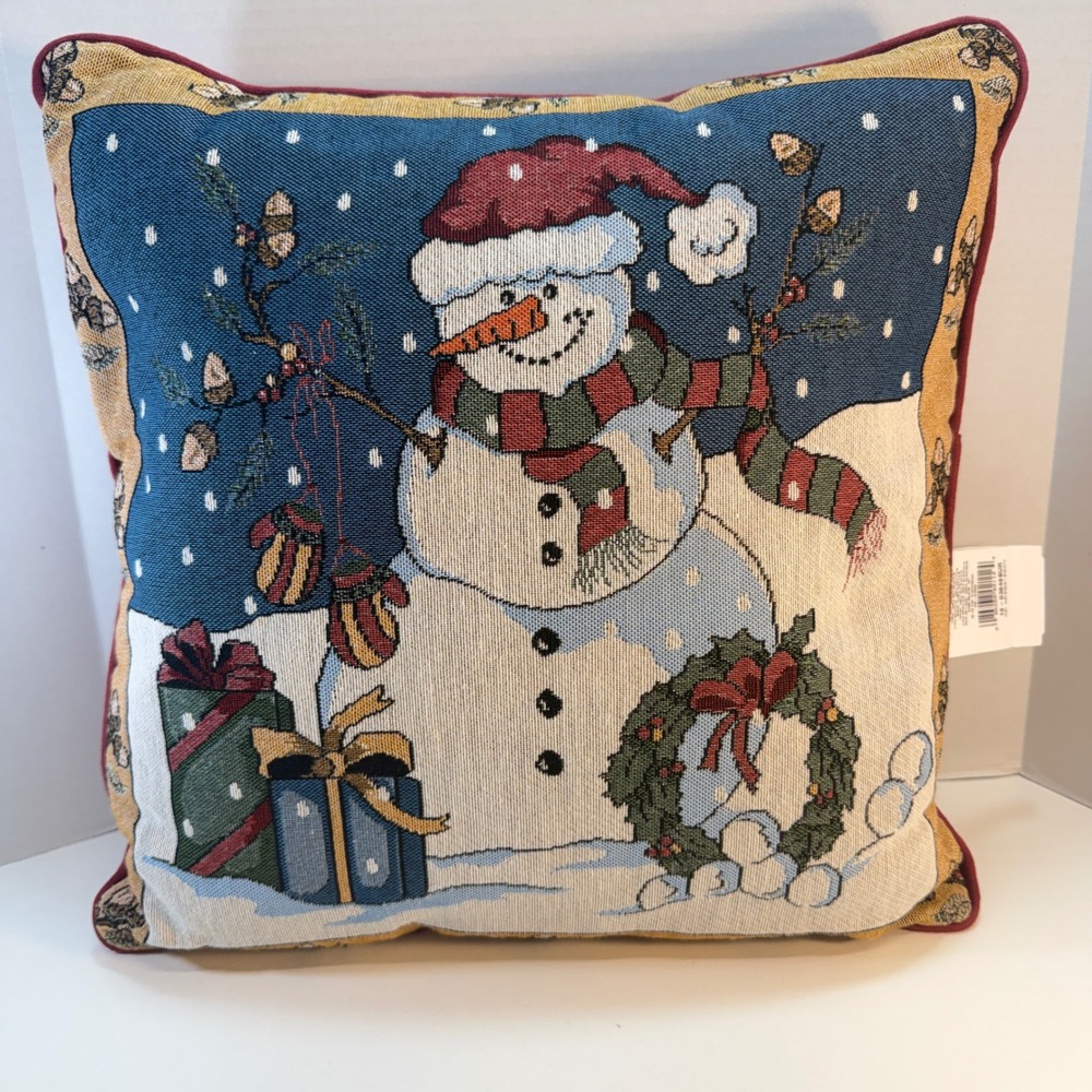 Arlee Home Fashions Christmas Throw Pillow Snowman Tapestry Woven 16in Red Blue